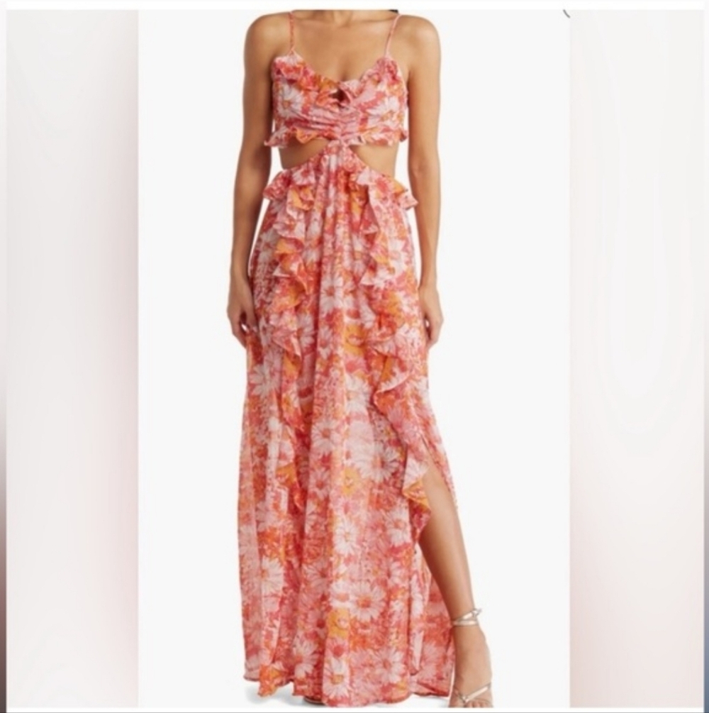 ASTR The Label Palace Floral Cut Out Ruffled Maxi Dress Small Wedding Beach